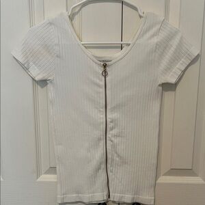 White Ribbed Zip-Up Crop Top
